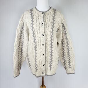 Woolrich Nordic Fisherman Grandpa Cable Knit Cardigan Sweater Cream VTG 90s Sz L